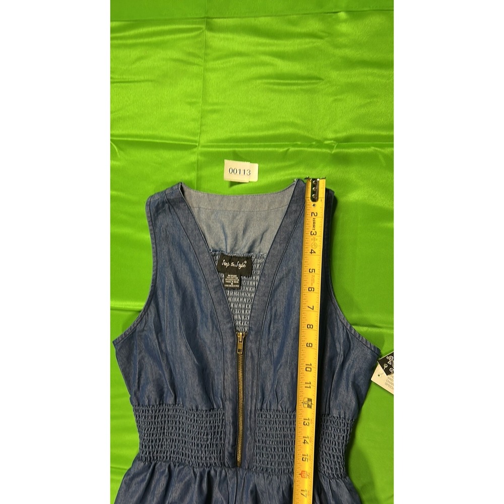 Step In Style Denim Look Chambray Midi Jumpsuit Smocked Waist Blue M - Picture 6 of 11